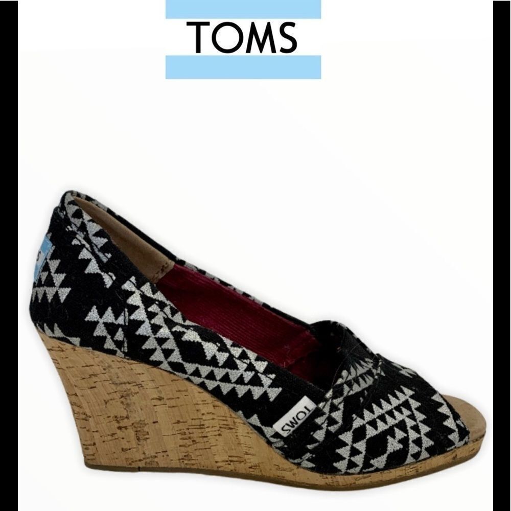 Toms Aztec peep toe canvas & cork wedge sandals